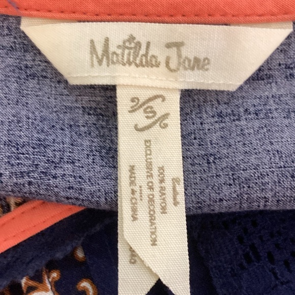 Matilda Jane Top/Blouse Women Size S Orange Floral w Navy inserts Elastic Sleeve - Picture 9 of 10